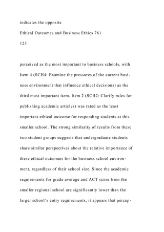 indicates the opposite
Ethical Outcomes and Business Ethics 761
123
perceived as the most important to business schools, with
Item 4 (SCH4: Examine the pressures of the current busi-
ness environment that influence ethical decisions) as the
third most important item. Item 2 (SCH2: Clarify rules for
publishing academic articles) was rated as the least
important ethical outcome for responding students at this
smaller school. The strong similarity of results from these
two student groups suggests that undergraduate students
share similar perspectives about the relative importance of
these ethical outcomes for the business school environ-
ment, regardless of their school size. Since the academic
requirements for grade average and ACT score from the
smaller regional school are significantly lower than the
larger school’s entry requirements, it appears that percep-
 
