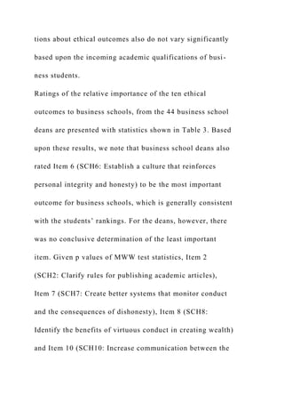 tions about ethical outcomes also do not vary significantly
based upon the incoming academic qualifications of busi-
ness students.
Ratings of the relative importance of the ten ethical
outcomes to business schools, from the 44 business school
deans are presented with statistics shown in Table 3. Based
upon these results, we note that business school deans also
rated Item 6 (SCH6: Establish a culture that reinforces
personal integrity and honesty) to be the most important
outcome for business schools, which is generally consistent
with the students’ rankings. For the deans, however, there
was no conclusive determination of the least important
item. Given p values of MWW test statistics, Item 2
(SCH2: Clarify rules for publishing academic articles),
Item 7 (SCH7: Create better systems that monitor conduct
and the consequences of dishonesty), Item 8 (SCH8:
Identify the benefits of virtuous conduct in creating wealth)
and Item 10 (SCH10: Increase communication between the
 