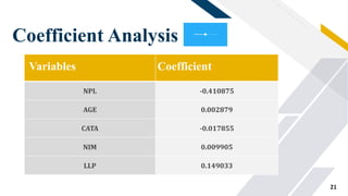FR
Coefficient Analysis
Variables Coefficient
NPL -0.410875
AGE 0.002879
CATA -0.017855
NIM 0.009905
LLP 0.149033
21
 