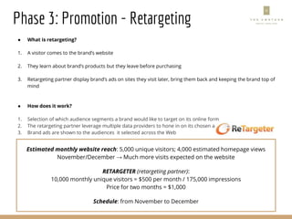 Phase 3: Promotion - Retargeting
● What is retargeting?
1. A visitor comes to the brand’s website
2. They learn about brand’s products but they leave before purchasing
3. Retargeting partner display brand’s ads on sites they visit later, bring them back and keeping the brand top of
mind
● How does it work?
1. Selection of which audience segments a brand would like to target on its online form
2. The retargeting partner leverage multiple data providers to hone in on its chosen audiences
3. Brand ads are shown to the audiences it selected across the Web
● Who will the Umstead be targeting?
1. Local consumers
2. Travelers to Raleigh/Durham market
3. Active couples, retired couples and large family gathering
Estimated monthly website reach: 5,000 unique visitors; 4,000 estimated homepage views
November/December → Much more visits expected on the website
RETARGETER (retargeting partner):
10,000 monthly unique visitors = $500 per month / 175,000 impressions
Price for two months = $1,000
Schedule: from November to December
 