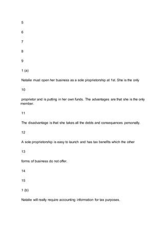 5
6
7
8
9
1 (a)
Natalie must open her business as a sole proprietorship at 1st. She is the only
10
proprietor and is putting in her own funds. The advantages are that she is the only
member.
11
The disadvantage is that she takes all the debts and consequences personally.
12
A sole proprietorship is easy to launch and has tax benefits which the other
13
forms of business do not offer.
14
15
1 (b)
Natalie will really require accounting information for tax purposes.
 