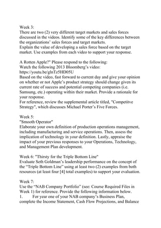 Week 3:
There are two (2) very different target markets and sales forces
discussed in the videos. Identify some of the key differences between
the organizations’ sales forces and target markets.
Explain the value of developing a sales force based on the target
market. Use examples from each video to support your response.
A Rotten Apple?" Please respond to the following:
Watch the following 2013 Bloomberg’s video:
https://youtu.be/glnTz5HD05U
Based on the video, fast forward to current day and give your opinion
on whether or not Apple’s product strategy should change given its
current rate of success and potential competing companies (i.e.
Samsung, etc.) operating within their market. Provide a rationale for
your response.
For reference, review the supplemental article titled, "Competitve
Strategy", which discusses Michael Porter’s Five Forces.
Week 5:
"Smooth Operator"
Elaborate your own definition of production operations management,
including manufacturing and service operations. Then, assess the
implication of technology in your definition. Lastly, appraise the
impact of your previous responses to your Operations, Technology,
and Management Plan development.
Week 6: "Thirsty for the Triple Bottom Line"
Evaluate Seth Goldman’s leadership performance on the concept of
the “Triple Bottom Line” using at least two (2) examples from both
resources (at least four [4] total examples) to support your evaluation.
Week 7:
Use the “NAB Company Portfolio” (see: Course Required Files in
Week 1) for reference. Provide the following information below.
1. For year one of your NAB company’s Business Plan,
complete the Income Statement, Cash Flow Projections, and Balance
 