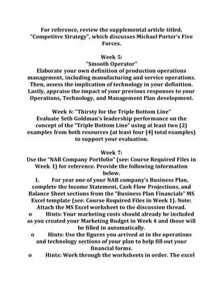 For reference, review the supplemental article titled,
"Competitve Strategy", which discusses Michael Porter’s Five
Forces.
Week 5:
"Smooth Operator"
Elaborate your own definition of production operations
management, including manufacturing and service operations.
Then, assess the implication of technology in your definition.
Lastly, appraise the impact of your previous responses to your
Operations, Technology, and Management Plan development.
Week 6: "Thirsty for the Triple Bottom Line"
Evaluate Seth Goldman’s leadership performance on the
concept of the “Triple Bottom Line” using at least two (2)
examples from both resources (at least four [4] total examples)
to support your evaluation.
Week 7:
Use the “NAB Company Portfolio” (see: Course Required Files in
Week 1) for reference. Provide the following information
below.
1. For year one of your NAB company’s Business Plan,
complete the Income Statement, Cash Flow Projections, and
Balance Sheet sections from the “Business Plan Financials” MS
Excel template (see: Course Required Files in Week 1). Note:
Attach the MS Excel worksheet to the discussion thread.
o Hints: Your marketing costs should already be included
as you created your Marketing Budget in Week 4 and those will
be filled in automatically.
o Hints: Use the figures you arrived at in the operations
and technology sections of your plan to help fill out your
financial forms.
o Hints: Work through the worksheets in order. The excel
 