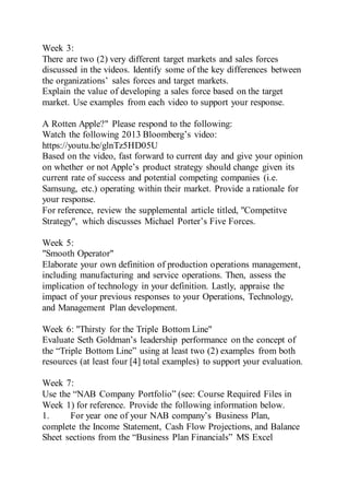 Week 3:
There are two (2) very different target markets and sales forces
discussed in the videos. Identify some of the key differences between
the organizations’ sales forces and target markets.
Explain the value of developing a sales force based on the target
market. Use examples from each video to support your response.
A Rotten Apple?" Please respond to the following:
Watch the following 2013 Bloomberg’s video:
https://youtu.be/glnTz5HD05U
Based on the video, fast forward to current day and give your opinion
on whether or not Apple’s product strategy should change given its
current rate of success and potential competing companies (i.e.
Samsung, etc.) operating within their market. Provide a rationale for
your response.
For reference, review the supplemental article titled, "Competitve
Strategy", which discusses Michael Porter’s Five Forces.
Week 5:
"Smooth Operator"
Elaborate your own definition of production operations management,
including manufacturing and service operations. Then, assess the
implication of technology in your definition. Lastly, appraise the
impact of your previous responses to your Operations, Technology,
and Management Plan development.
Week 6: "Thirsty for the Triple Bottom Line"
Evaluate Seth Goldman’s leadership performance on the concept of
the “Triple Bottom Line” using at least two (2) examples from both
resources (at least four [4] total examples) to support your evaluation.
Week 7:
Use the “NAB Company Portfolio” (see: Course Required Files in
Week 1) for reference. Provide the following information below.
1. For year one of your NAB company’s Business Plan,
complete the Income Statement, Cash Flow Projections, and Balance
Sheet sections from the “Business Plan Financials” MS Excel
 