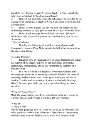 template (see: Course Required Files in Week 1). Note: Attach the
MS Excel worksheet to the discussion thread.
o Hints: Your marketing costs should already be included as you
created your Marketing Budget in Week 4 and those will be filled in
automatically.
o Hints: Use the figures you arrived at in the operations and
technology sections of your plan to help fill out your financial forms.
o Hints: Work through the worksheets in order. The excel
worksheets will automatically enter the numbers into your Income
Statement.
**See Attachment
1. Develop the following financial sections of your NAB
Company’s Business Plan. Note: Attach the MS Word document to
the discussion thread.
"Mission Possible"
• Describe how an organization’s mission statement and values
are supported by specific aspects in the marketing, operations,
technology, management, and social responsibility sections of a
business plan.
• In a real life situation, feedback from your business plan
development team can be extremely valuable. Explain the value of
receiving feedback from your ‘team’ (your instructor and fellow
students) on the various sections of your non-alcoholic beverage
(NAB) business plan while you work towards making necessary
revisions.
Week 9: “Pitch Perfect”
Rank the given factors in order of importance when developing an
elevator speech, and provide a rationale for your response.
Week 10
"I Have a Plan"
Per the text, planning isn’t just what you do to go into business; it’s
what you have to do to stay in business. Speculate on the planning
mechanism(s) that you believe would work well for your NAB
 