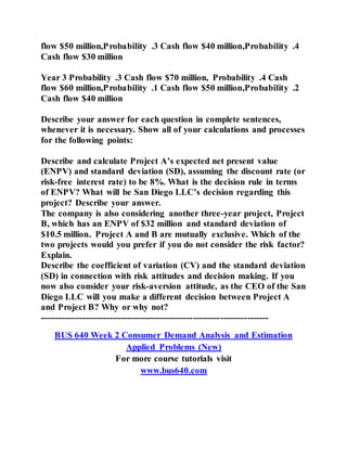 flow $50 million,Probability .3 Cash flow $40 million,Probability .4
Cash flow $30 million
Year 3 Probability .3 Cash flow $70 million, Probability .4 Cash
flow $60 million,Probability .1 Cash flow $50 million,Probability .2
Cash flow $40 million
Describe your answer for each question in complete sentences,
whenever it is necessary. Show all of your calculations and processes
for the following points:
Describe and calculate Project A’s expected net present value
(ENPV) and standard deviation (SD), assuming the discount rate (or
risk-free interest rate) to be 8%. What is the decision rule in terms
of ENPV? What will be San Diego LLC’s decision regarding this
project? Describe your answer.
The company is also considering another three-year project, Project
B, which has an ENPV of $32 million and standard deviation of
$10.5 million. Project A and B are mutually exclusive. Which of the
two projects would you prefer if you do not consider the risk factor?
Explain.
Describe the coefficient of variation (CV) and the standard deviation
(SD) in connection with risk attitudes and decision making. If you
now also consider your risk-aversion attitude, as the CEO of the San
Diego LLC will you make a different decision between Project A
and Project B? Why or why not?
----------------------------------------------------------------------------
BUS 640 Week 2 Consumer Demand Analysis and Estimation
Applied Problems (New)
For more course tutorials visit
www.bus640.com
 
