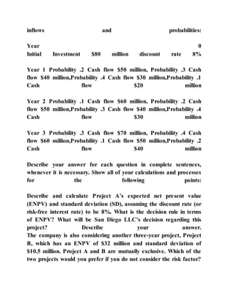 inflows and probabilities:
Year 0
Initial Investment $80 million discount rate 8%
Year 1 Probability .2 Cash flow $50 million, Probability .3 Cash
flow $40 million,Probability .4 Cash flow $30 million,Probability .1
Cash flow $20 million
Year 2 Probability .1 Cash flow $60 million, Probability .2 Cash
flow $50 million,Probability .3 Cash flow $40 million,Probability .4
Cash flow $30 million
Year 3 Probability .3 Cash flow $70 million, Probability .4 Cash
flow $60 million,Probability .1 Cash flow $50 million,Probability .2
Cash flow $40 million
Describe your answer for each question in complete sentences,
whenever it is necessary. Show all of your calculations and processes
for the following points:
Describe and calculate Project A’s expected net present value
(ENPV) and standard deviation (SD), assuming the discount rate (or
risk-free interest rate) to be 8%. What is the decision rule in terms
of ENPV? What will be San Diego LLC’s decision regarding this
project? Describe your answer.
The company is also considering another three-year project, Project
B, which has an ENPV of $32 million and standard deviation of
$10.5 million. Project A and B are mutually exclusive. Which of the
two projects would you prefer if you do not consider the risk factor?
 