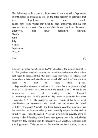 The following table shows the labor costs in each month of operation
over the past 12 months as well as the total number of garments that
were dry-cleaned in each month.
Palms pays fixed wages per hour to each employee, and we can
assume that the costs of other variable inputs (such as chemicals,
electricity, etc) have remained constant.
Month
June
July
August
September
October
TVC ($)
a. Derive average variable cost (AVC) data from the data in this table.
b. Use gradient analysis to provide an estimate of eleven data points
that seem to represent the MC curve over this range of outputs. Plot
these data points and sketch in estimated MC and AVC curves that
seem to best fit these data points.
c. Suppose that demand is estimated to move from its present (May)
level of 3,500 units to 4,000 units next month (June). What is the
incremental cost of meeting this demand?
d. Assuming that Palm’s price to dry clean a garment has been
constant at $15 over the past year, and will remain at that level, what
contribution to overheads and profit can it expect in June?
2. 3. Over the past 12 months the Four Winds Novelty Company firm
has recorded its internet sales (equals monthly output levels) and its
monthly total variable costs (TVC) for a particular novelty item as
shown in the following table. Sales have grown over this period with
relatively few shocks due to uncontrollable weather, political and
sporting events. This online retailer carries no inventories; when it
 