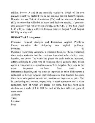 million. Project A and B are mutually exclusive. Which of the two
projects would you prefer if you do not consider the risk factor? Explain.
Describe the coefficient of variation (CV) and the standard deviation
(SD) in connection with risk attitudes and decision making. If you now
also consider your risk-aversion attitude, as the CEO of the San Diego
LLC will you make a different decision between Project A and Project
B? Why or why not?
BUS640 Week 2 Assignment
Consumer Demand Analysis and Estimation Applied Problems
Please complete the following two applied problems:
Problem 1:
Patricia is researching venues for a restaurant business. She is evaluating
three major attributes that she considers important in her choice: taste,
location, and price. The value she places on each attribute, however,
differs according to what type of restaurant she is going to start. If she
opens a restaurant in a suburban area of Los Angeles, then taste is the
most important attribute, three times as
important as location, and two times as important as price. If she opens a
restaurant in the Los Angeles metropolitan area, then location becomes
three times as important as taste and two times as important as price. She
is considering two venues, respectively, a steak restaurant and a pizza
restaurant, both of which are priced the same. She has rated each
attribute on a scale of 1 to 100 for each of the two different types of
restaurants.
Attribute
Taste
Location
Price
 