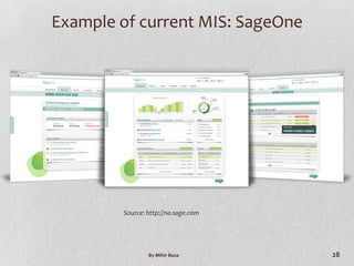 Example of current MIS: SageOne




        Source: http://na.sage.com




                By Mihir Busa        28
 