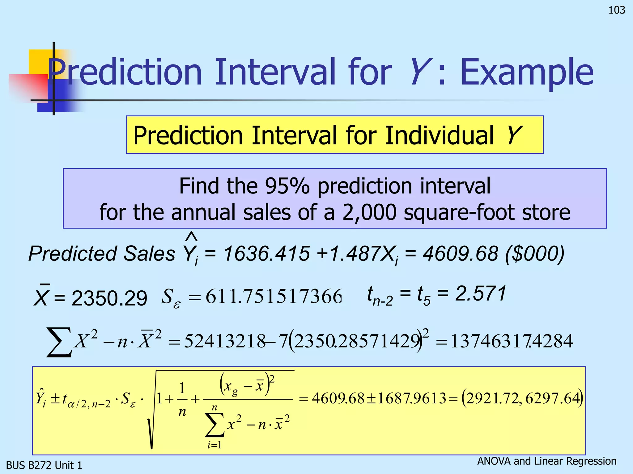 BUS B272 Unit 1Estimation of Mean ValuesConfidence interval estimate for             :The mean of Y given a particular  Size of interval varies according to distance away from mean,    Standard error of the estimatet value from table with df = n - 2
