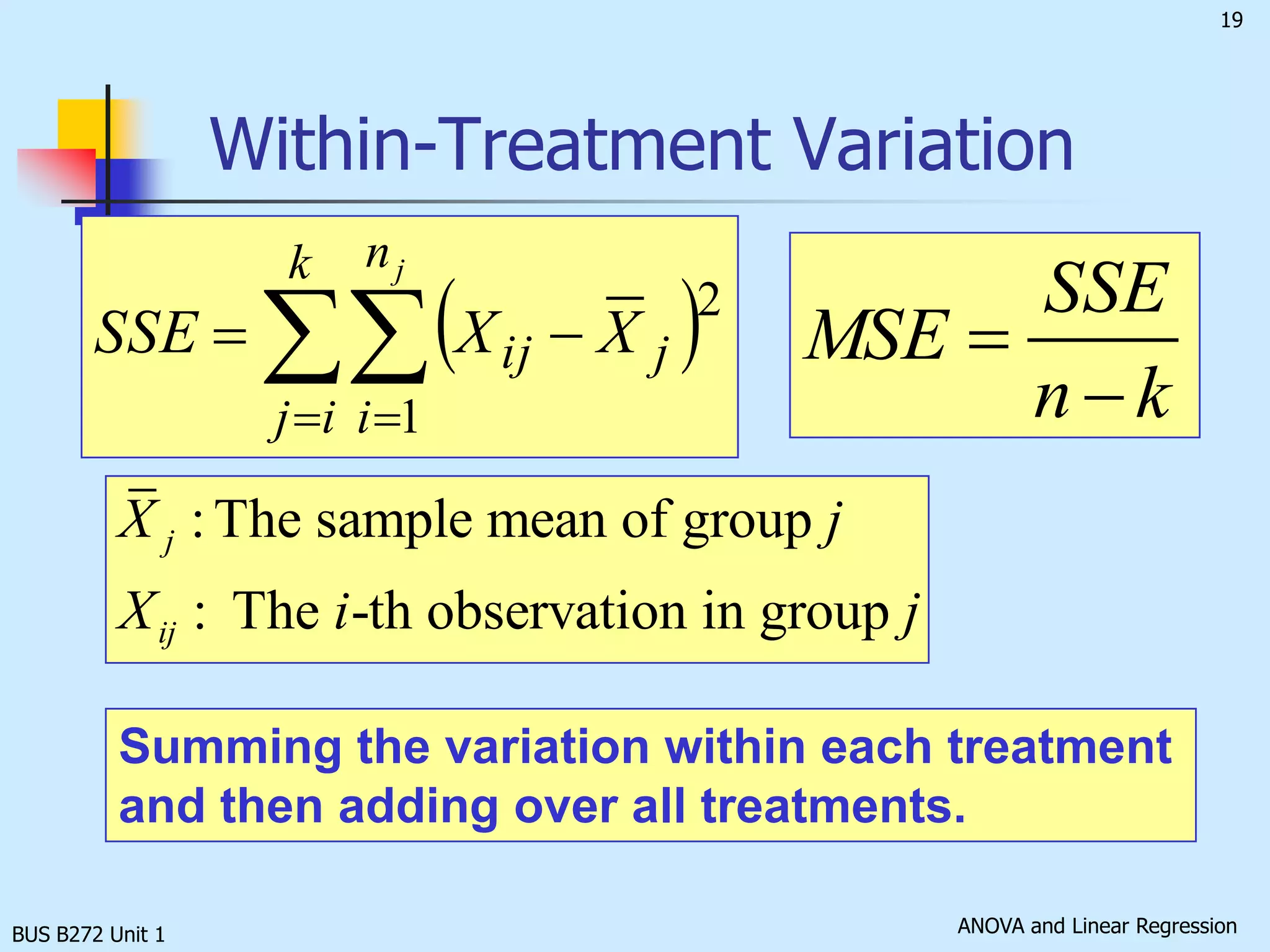 BUS B272 Unit 1Total Variation     : the i-th observation in group j     : the number of observations in group jn   : the total number of observations in all groupsk   :  the number of groupsthe overall or grand mean