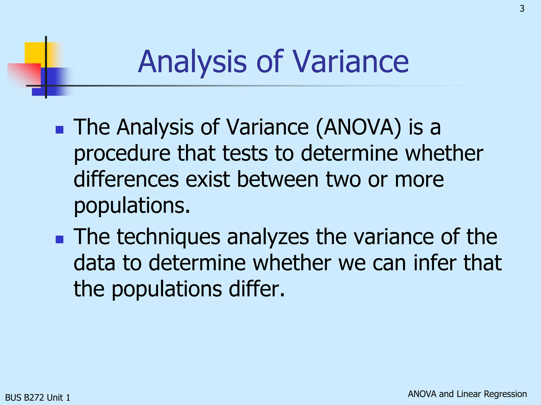 BUS B272 Unit 1Analysis of VarianceThe Analysis of Variance (ANOVA) is a procedure that tests to determine whether differences exist between two or more populations.The techniques analyzes the variance of the data to determine whether we can infer that the populations differ.
