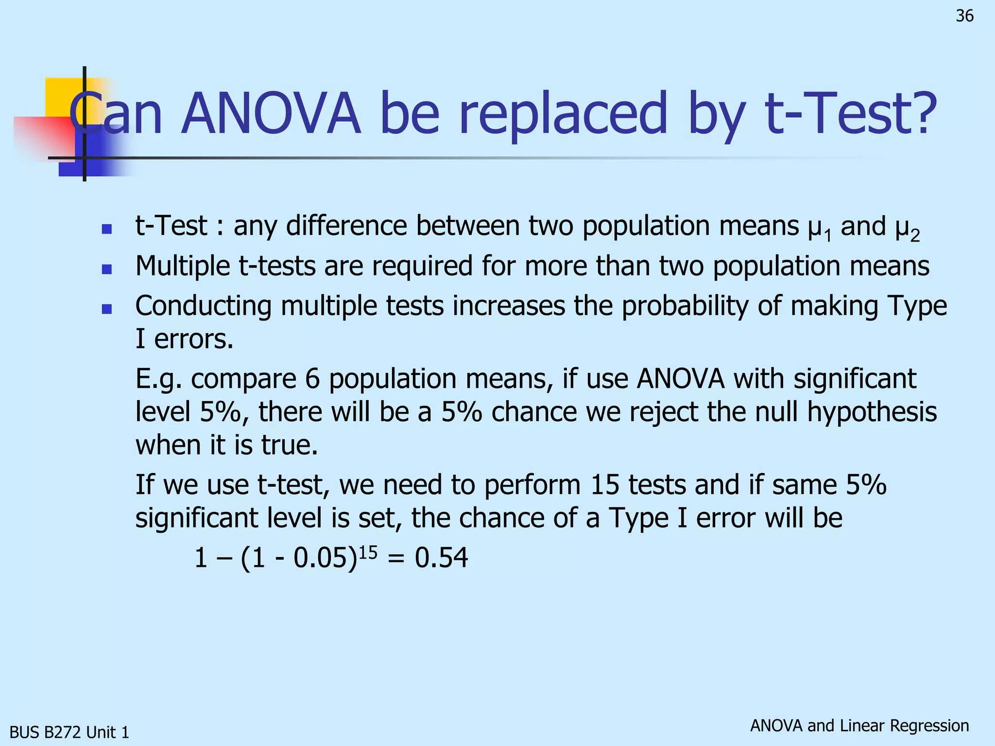 BUS B272 Unit 1Computer ApplicationTo obtain the Microsoft Excel computer output in the previous page, first enter the data into c columns in an Excel file, then follow the commands:	Tools/ Data Analysis/ Anova: Single Factor
