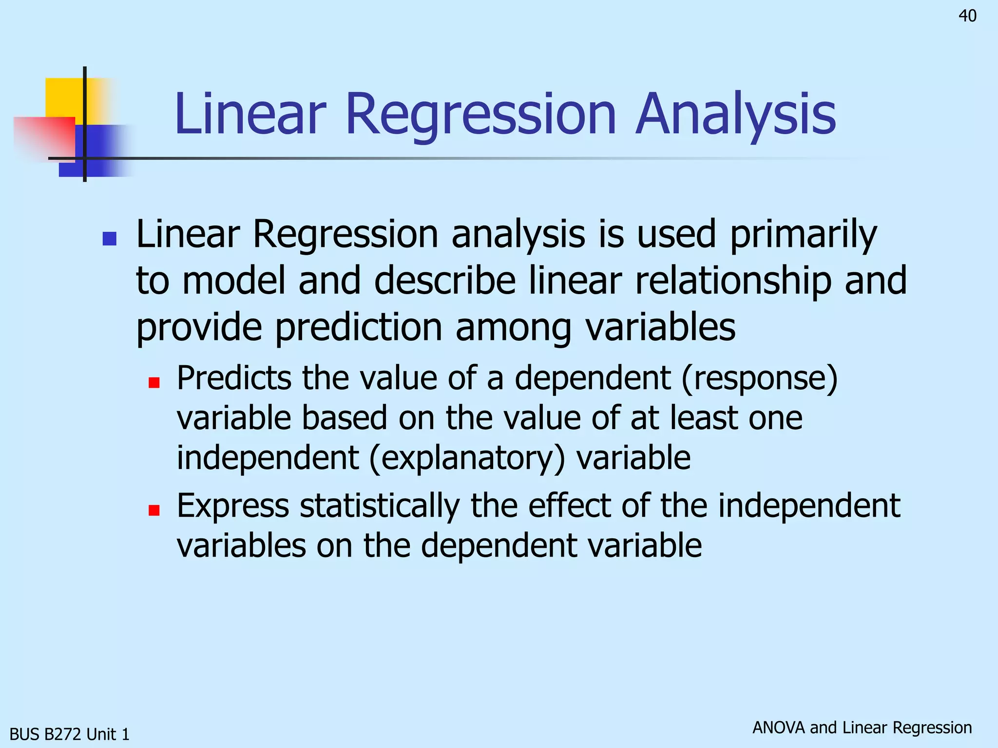 Exercise 1Since the test statistic of 39.16 is greater than the critical value of 2.80, reject H0. At 0.05 level of significance, there is evidence to reveal that the average customer transaction sizes are significantly different among the four types of payment. BUS B272 Unit 1