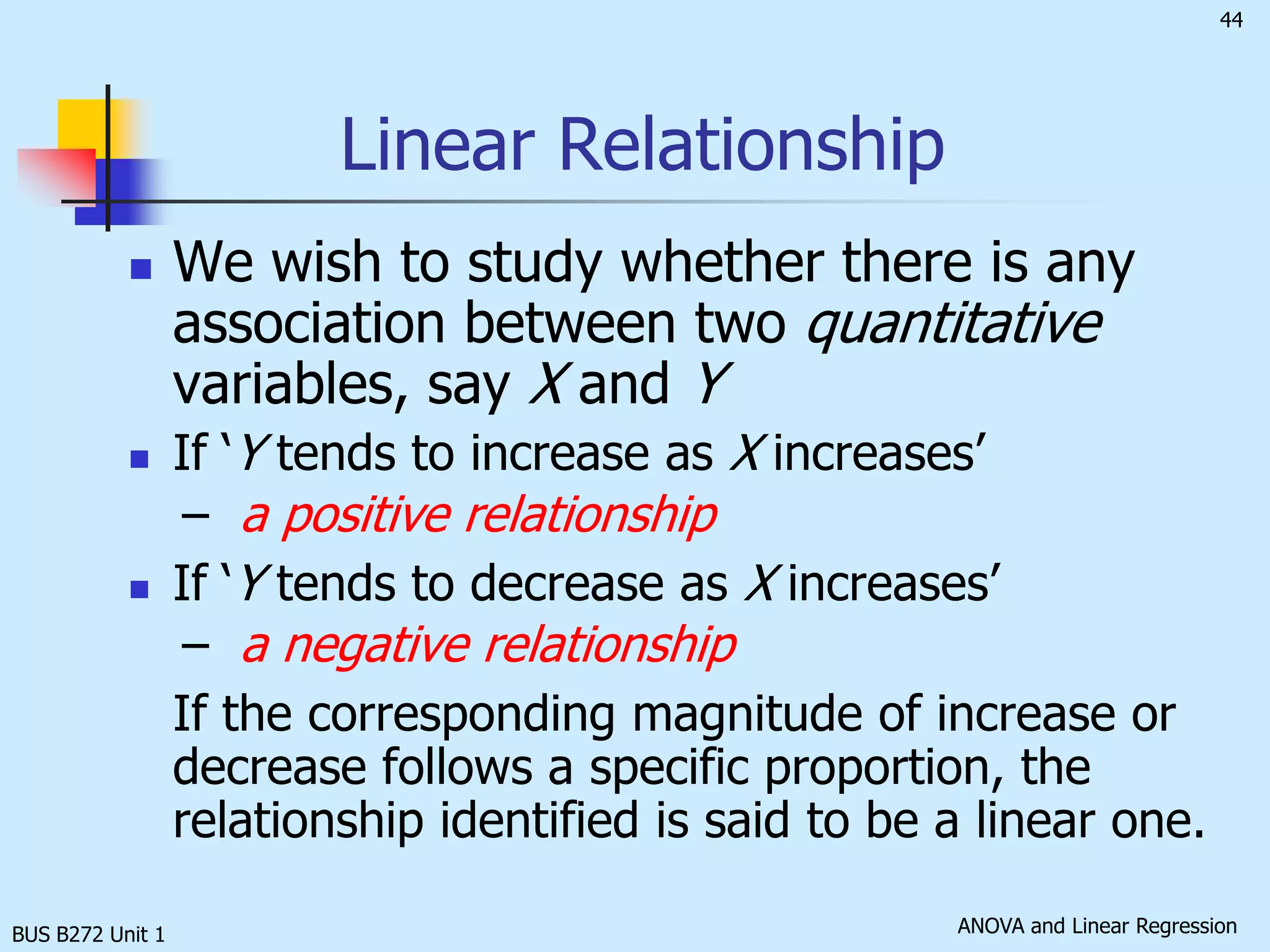 BUS B272 Unit 1Origin of Regression“Regression," from a Latin root meaning "going back," is a series of statistical methods used in studying the relationship between two variables and were first employed by Francis Galton in 1877. Galton was interested in studying the relationship between a father’s height and the son’ s height. Making use of the “regression” method, he found that son’s height regress to the overall mean and the method is then called “regression”.
