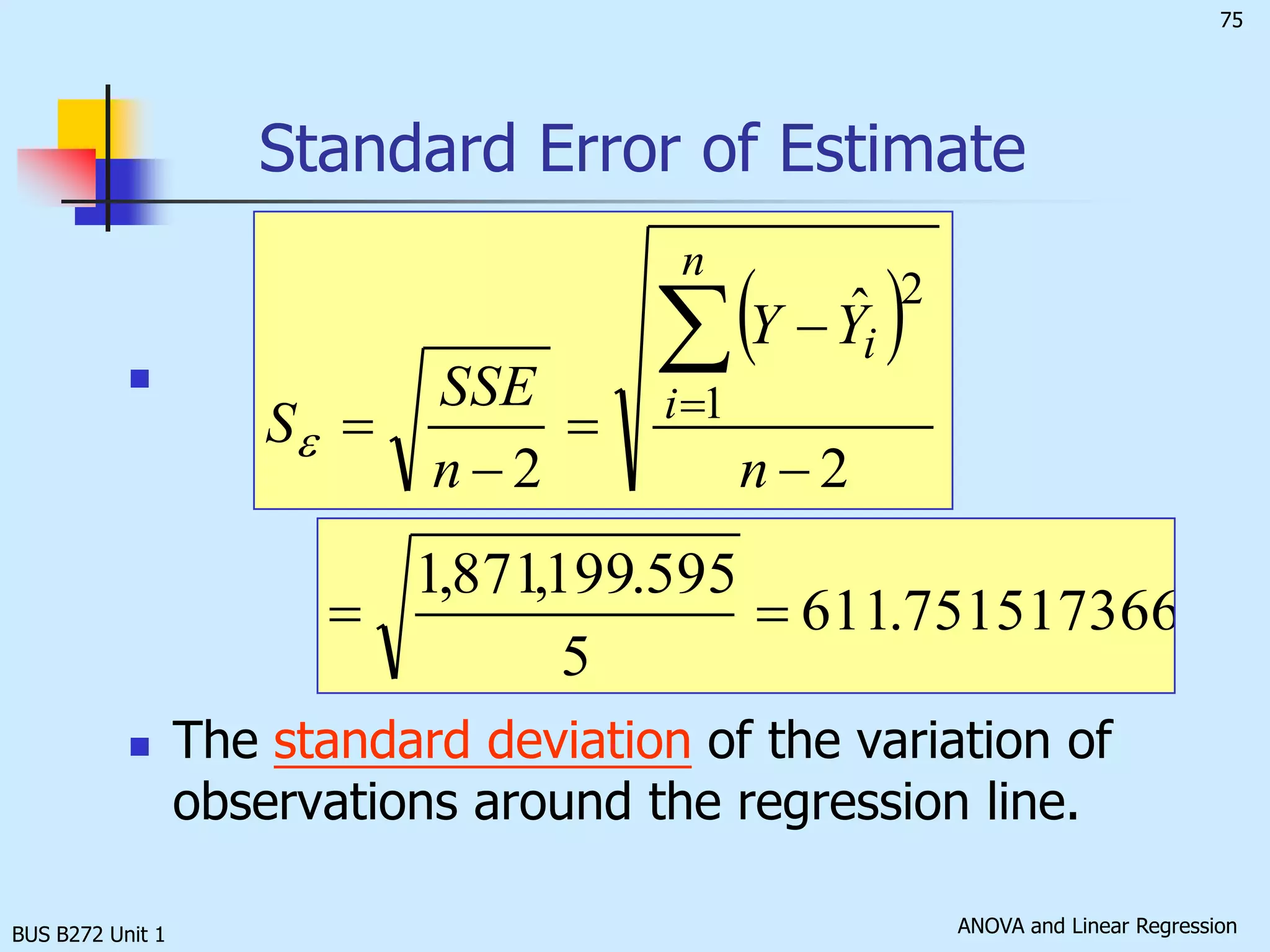 BUS B272 Unit 1Assessing the simple linear regression modelFrom time to time, after we have set up a linear regression model, we wish to assess the fitness of the model. That is, we wish to find out how well the model fit to the given data. For a good fit, the data as a whole should be quite close to the regression line and the independent variable can thus be used to predict the value of the dependent variable with high accuracy. To examine how well the independent variable predicts the dependent variable, we need to develop several measures of variation.