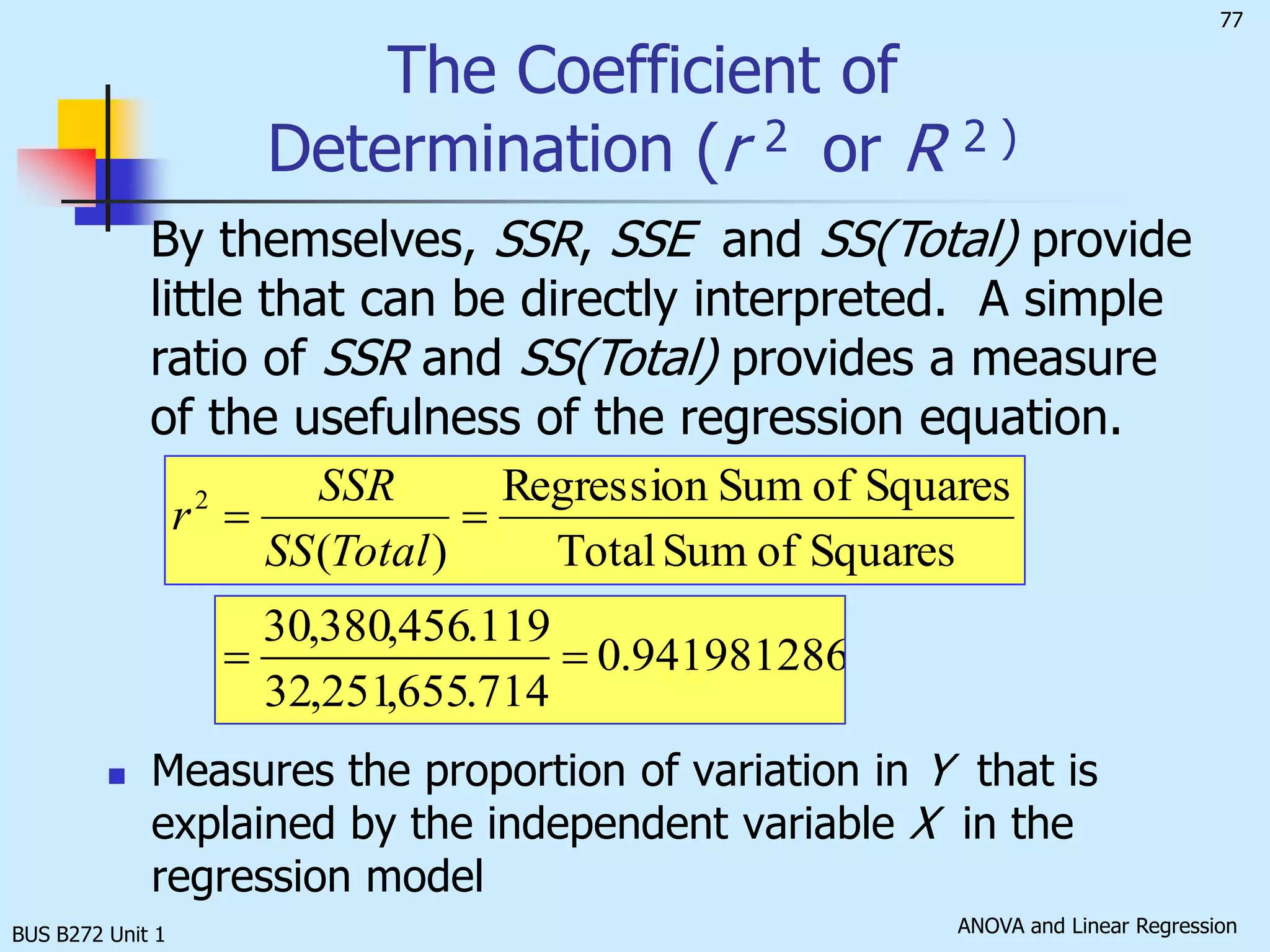 BUS B272 Unit 1Measure of Variation: The Sum of SquaresSS(Total) = total sum of squares Measures the variation of the Yi values around their mean YSSR = regression sum of squares Explained variation attributable to the relationship between X and YSSE = error sum of squares Variation attributable to factors other than the relationship between X and Y  (Unexplained variation)(continued)