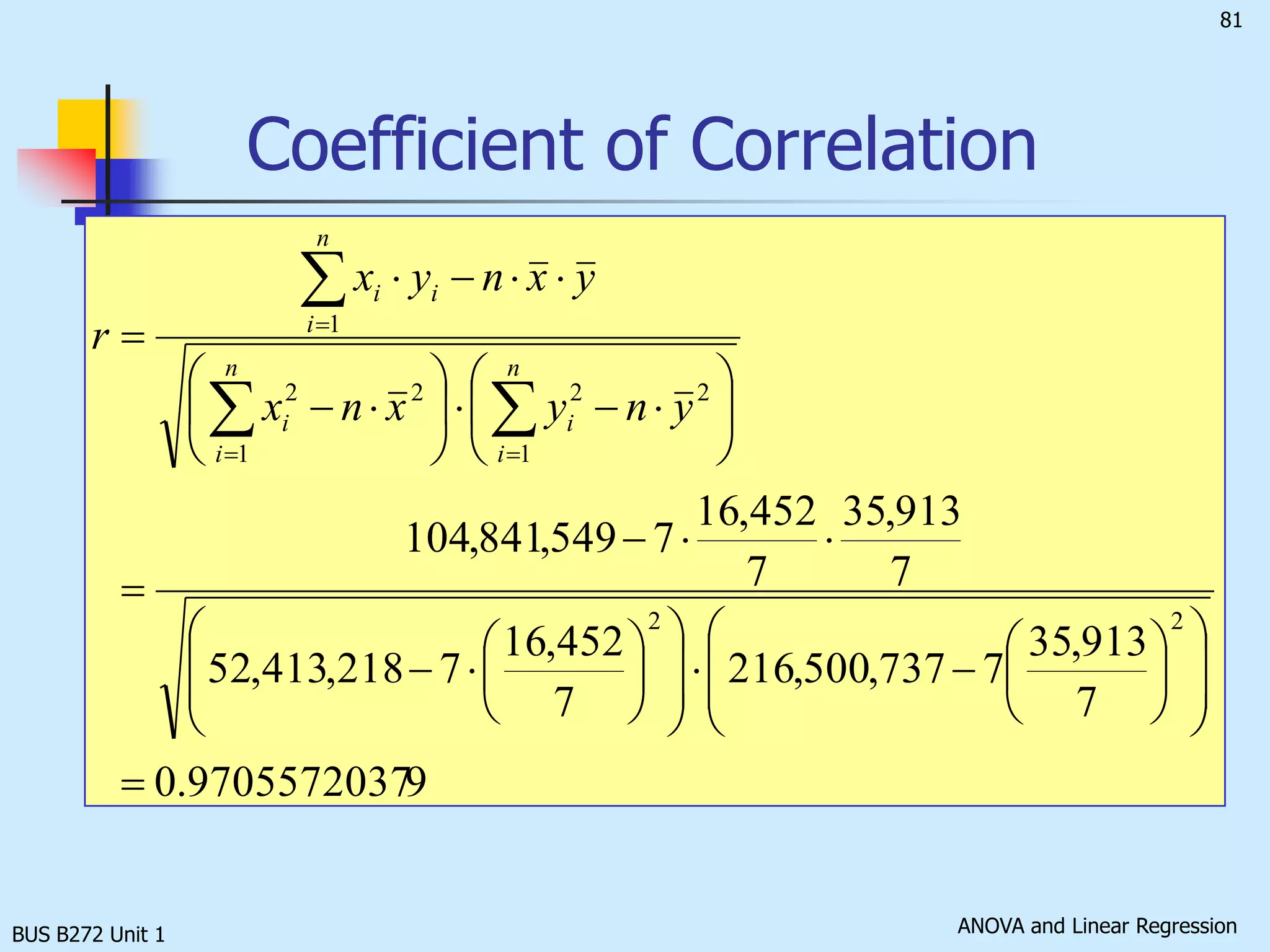 The smallest value that        can assume is 0, which occurs when SSE = 0, that is, when all the points fall on the regression line. Thus, when      is small, the fit is excellent, and the linear regression model is likely to be an effective analytical and forecasting tool.When      is large, the regression model is a poor one, it is of little value to be used.BUS B272 Unit 1Standard Error of Estimate