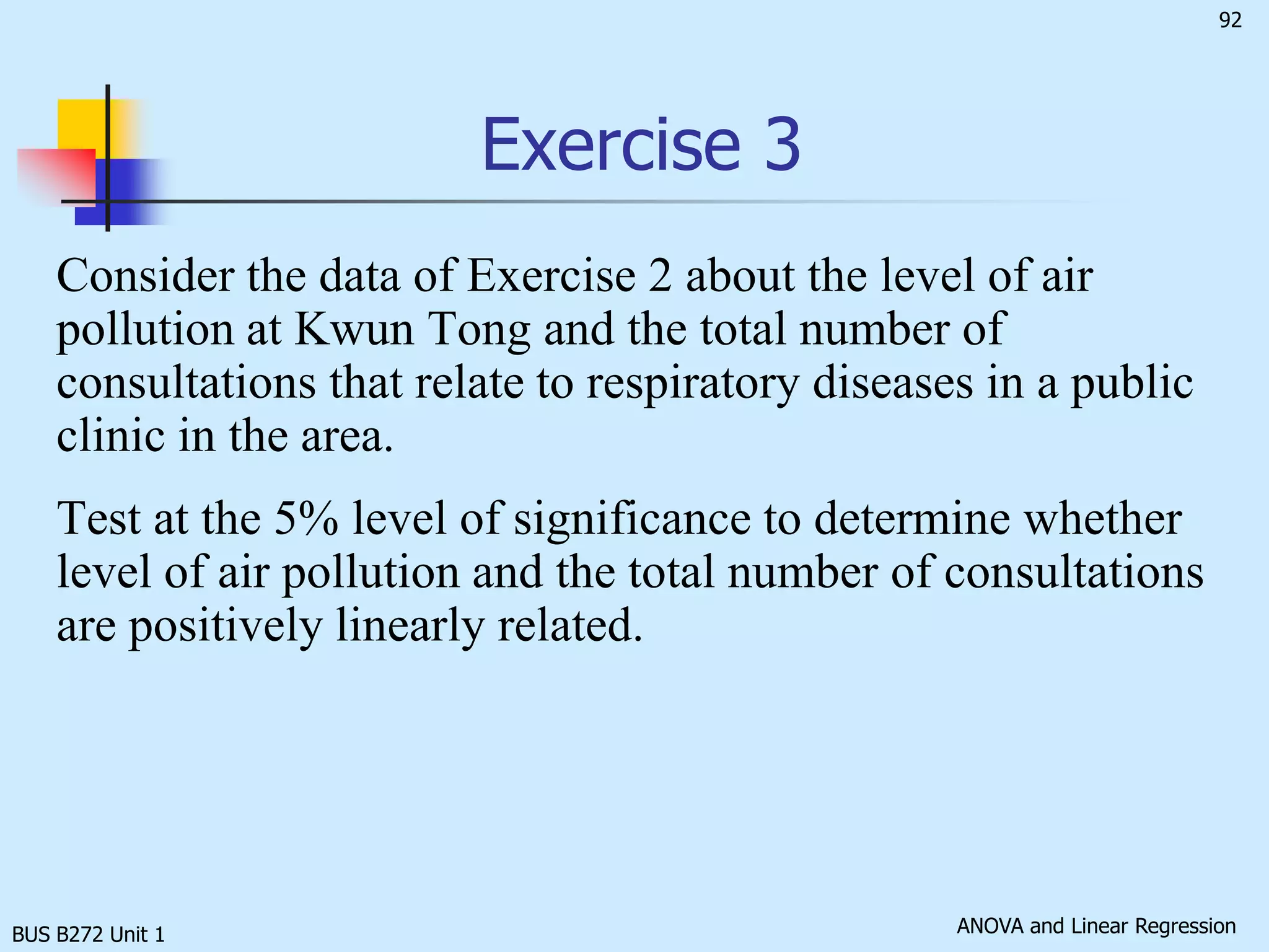 BUS B272 Unit 1Inference about the Slope: t  Testt  test for a population slopeIs there a linear dependency of Y on X ?Null and alternative hypothesesH0:  1 = 0	(no linear dependency)H1:  1 0	(linear dependency)Test statistic: