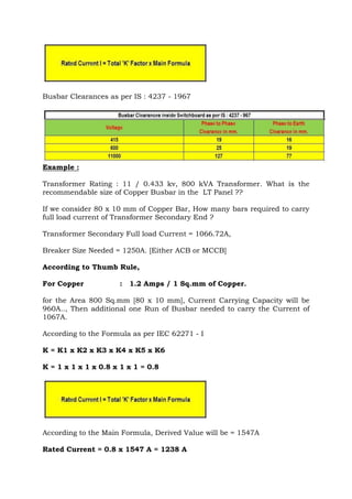 Busbar Clearances as per IS : 4237 - 1967
Example :
Transformer Rating : 11 / 0.433 kv, 800 kVA Transformer. What is the
recommendable size of Copper Busbar in the LT Panel ??
If we consider 80 x 10 mm of Copper Bar, How many bars required to carry
full load current of Transformer Secondary End ?
Transformer Secondary Full load Current = 1066.72A,
Breaker Size Needed = 1250A. [Either ACB or MCCB]
According to Thumb Rule,
For Copper : 1.2 Amps / 1 Sq.mm of Copper.
for the Area 800 Sq.mm [80 x 10 mm], Current Carrying Capacity will be
960A.., Then additional one Run of Busbar needed to carry the Current of
1067A.
According to the Formula as per IEC 62271 - I
K = K1 x K2 x K3 x K4 x K5 x K6
K = 1 x 1 x 1 x 0.8 x 1 x 1 = 0.8
According to the Main Formula, Derived Value will be = 1547A
Rated Current = 0.8 x 1547 A = 1238 A
 