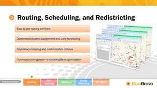 Routing
GPS
Tracking iBusBoss
Family
Watchdog
SIF AgentFeature Overview
Easy to use routing software
Customized student assignment and daily scheduling
Proprietary mapping and customization options
Optimized routing patterns including fleet optimization
Routing, Scheduling, and Redistricting
 