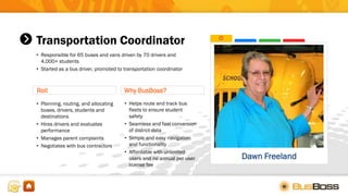 Transportation Coordinator
• Responsible for 65 buses and vans driven by 70 drivers and
4,000+ students
• Started as a bus driver, promoted to transportation coordinator
Roll
• Planning, routing, and allocating
buses, drivers, students and
destinations
• Hires drivers and evaluates
performance
• Manages parent complaints
• Negotiates with bus contractors
Dawn Freeland
• Helps route and track bus
fleets to ensure student
safety
• Seamless and fast conversion
of district data
• Simple and easy navigation
and functionality
• Affordable with unlimited
users and no annual per user
license fee
Why BusBoss?
 