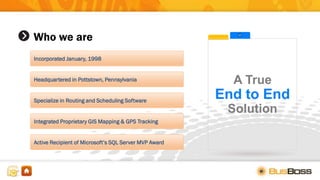 Who we are
Headquartered in Pottstown, Pennsylvania
Specialize in Routing and Scheduling Software
Integrated Proprietary GIS Mapping & GPS Tracking
Active Recipient of Microsoft’s SQL Server MVP Award
Incorporated January, 1998
A True
End to End
Solution
 