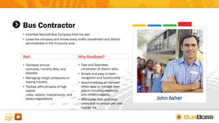 Bus Contractor
• Inherited Ashcroft Bus Company from his dad
• Loves the company and knows every traffic coordinator and district
administrator in the tri-county area
Roll
• Oversees annual contracts,
monthly fees, and billables
• Managing margin pressures on
busing industry
• Tackles difficult tasks of high
capital costs, repairs,
maintenance, and salary
negotiations
• Fast and Seamless
conversion of district data
• Simple and easy to learn
navigation and functionality
• Accommodates all relevant
driver data to manage their
status including absences
and incident reports
• Affordable, with unlimited
users and no annual per user
license fee
Why BusBoss?
John Asher
 