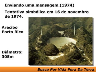 Enviando uma mensagem (1974)
 Tentativa simbólica em 16 de novembro
 de 1974.

Arecibo
Porto Rico




Diâmetro:
305m
 