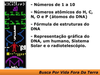 - Números de 1 a 10
- Números atômicos do H, C,
N, O e P (átomos do DNA)
- Fórmula de estruturas do
DNA
- Representação gráfica do
DNA, um humano, Sistema
Solar e o radiotelescópio.
 