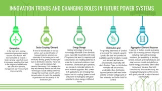 In the short term, existing
conventional generators need to
become more flexible, with
improved ability to provide a
faster ramping capacity to react
to increasing volatility of net load.
In the long term, flexibility also
will come from demand
management and increased grid
interconnectivity
Generation
Battery technology is becoming
increasingly affordable. Even domestic
users, especially households with solar
PV systems that want to maximize self
consumption, are installing batteries at
scale due to personal preference over
economics. Distribution grid operators
are turning to midscale batteries to
avoid network upgrades. Also, power-
to-X applications are emerging that
support sector coupling (power-to-heat
and power-to-hydrogen), with great
potential to store energy in different
forms.
Energy Storage
The growing awareness of “predict
and provide” for network capacity
(predict the load and provide the
available capacity to balance supply
and demand) will become
unsustainable, especially with
electrification. Flows on distribution
networks will become less
predictable. Also, distribution
system operators will need better
visibility on lower-voltage parts of
their networks, and better tools for
control.
Distribution grid
A trend of electrification of end-use
sectors, such as electrification of
transport (electric vehicles) and
potentially of the heating sector, will
eventually develop, greatly increasing the
load on distribution networks. These new
loads could be relatively high
capacity/low energy if not managed, but
they are inherently flexible: electrification
technologies include battery or thermal
storage that could help smooth out the
demand pattern to match the availability
of generation and the capacity of the
distribution grid.
Sector Coupling/Demand
A variety of factors provide a growing
space for increasing demand response,
including improved technology
readiness, the availability of ancillary
service products and marketplaces, and
new business models and platforms.
Active energy consumers, often called
“prosumers” because they both
consume and produce electricity, are
changing the dynamics of the sector,
with great potential to unlock demand-
side flexibility.
Aggregation/Demand Response
INNOVATION TRENDS AND CHANGING ROLES IN FUTURE POWER SYSTEMS
 