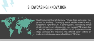 SHOWCASING INNOVATION
Countries such as Denmark, Germany, Portugal, Spain and Uruguay have
proven the feasibility of managing annual variable renewable energy
(VRE) shares higher than 25% in power systems. An increasing number
of subregions and even entire countries have managed VRE shares close
to 100% for short periods of time (IRENA, 2018a). The tables in the next
slides summarize the innovations that different power systems are
implementing to increase system flexibility and VRE share.
 