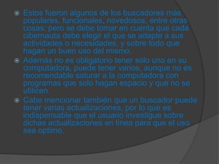 Estos fueron algunos de los buscadores más populares, funcionales, novedosos, entre otras cosas; pero se debe tomar en cuenta que cada cibernauta debe elegir el que se adapte a sus actividades o necesidades, y sobre todo que hagan un buen uso del mismo.Además no es obligatorio tener sólo uno en su computadora, puede tener varios, aunque no es recomendable saturar a la computadora con programas que solo hagan espacio y que no se utilicen.Cabe mencionar también que un buscador puede tener varias actualizaciones, por lo que es indispensable que el usuario investigue sobre dichas actualizaciones en línea para que el uso sea optimo.