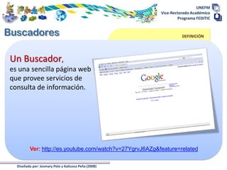 UNEFM
                                                         Vice-Rectorado Académico
                                                                 Programa FEDITIC



                                                                   DEFINICIÓN




Un Buscador,
es una sencilla página web
que provee servicios de
consulta de información.




         Ver: http://es.youtube.com/watch?v=27YgrvJ6AZg&feature=related

  Diseñada por: Josmary Polo y Katiusca Peña (2008)
 