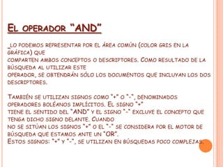 EL   OPERADOR        “AND”
LO PODEMOS REPRESENTAR POR EL ÁREA COMÚN (COLOR GRIS EN LA
GRÁFICA) QUE
COMPARTEN AMBOS CONCEPTOS O DESCRIPTORES.   COMO   RESULTADO DE LA
BÚSQUEDA AL UTILIZAR ESTE
OPERADOR, SE OBTENDRÁN SÓLO LOS DOCUMENTOS QUE INCLUYAN LOS DOS
DESCRIPTORES.


TAMBIÉN   SE UTILIZAN SIGNOS COMO   “+” O “-“, DENOMINADOS
OPERADORES BOLÉANOS IMPLÍCITOS. EL SIGNO “+”
TIENE EL SENTIDO DEL “AND” Y EL SIGNO “-“ EXCLUYE EL CONCEPTO QUE
TENGA DICHO SIGNO DELANTE. CUANDO
NO SE SITÚAN LOS SIGNOS “+” O EL “-“ SE CONSIDERA POR EL MOTOR DE
BÚSQUEDA QUE ESTAMOS ANTE UN “OR”.
ESTOS SIGNOS: “+” Y “-“, SE UTILIZAN EN BÚSQUEDAS POCO COMPLEJAS.
 