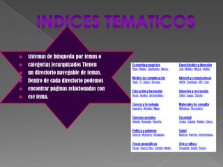    sistemas de búsqueda por temas o
   categorías jerarquizados Tienen
   un directorio navegable de temas.
   Dentro de cada directorio podemos
   encontrar páginas relacionadas con
   ese tema.
 