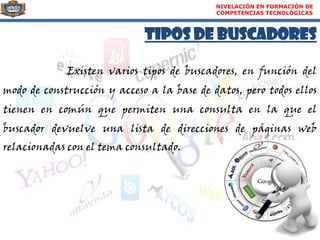 NIVELACIÓN EN FORMACIÓN DE
                                            COMPETENCIAS TECNOLÓGICAS



                             TIPOS DE BUSCADORES

             Existen varios tipos de buscadores, en función del
modo de construcción y acceso a la base de datos, pero todos ellos
tienen en común que permiten una consulta en la que el
buscador devuelve una lista de direcciones de páginas web
relacionadas con el tema consultado.
 
