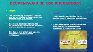 DESVENTAJAS DE LOS BUSCADORES
• Google*
• -No realizan las búsquedas "en vivo",
sino en las copias de las páginas que
almacenan en sus índices.
• -Recolecta cookies y otros datos
personales constantemente, violando
la privacidad de los usuarios.
• -Puede ser muy difícil que tupágina
aparezca en losprincipales
resultados.
• Yahoo*
• -tiene mucha publicidad y eso
puede alentar al cargar una pagina
• -tiene problemas internos (con sus
presidentes/vicepresidentes,
dirección, cosas por el estilo)
 