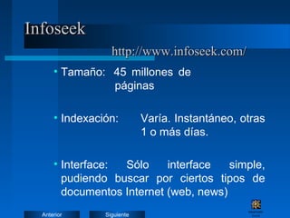Infoseek
http://www.infoseek.com/
• Tamaño: 45 millones de
páginas
• Indexación:

Varía. Instantáneo, otras
1 o más días.

• Interface:
Sólo
interface
simple,
pudiendo buscar por ciertos tipos de
documentos Internet (web, news)
Anterior

Siguiente

Netscape Hyperte xt
Docum ent

 