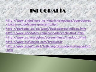 http://www.slideshare.net/marichelogomez/operadores
-lgicos-o-booleanos-presentation
http://personal.us.es/juanj/buscadores/indices.htm
http://www.abcdatos.com/buscadores/hotbot.html
http://www.uv.mx/dgbuv/cursoenlinea/traduc1.html
http://www.tufuncion.com/traductor
http://www.aula21.net/tallerwq/buscadores/buscador1
.htm
 
