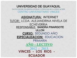 UNIVERSIDAD DE GUAYAQUIL
 FACULTAD DE FILOSOFIA LETRAS Y CIENCIAS DE LA EDUCACION
      CENTRO UNIVERSITARIO VINCES

       ASIGNATURA: INTERNET
TUTOR: LCDA. ALEJANDRINA NIVELA DE
            ECHEVERRIA
     RESPONSABLE: SANDRA PINARGOTE
                 ULLON
         CURSO: SEGUNDO AÑO
     ESPECIALIZACION: EDUCACION
               PRIMARIA
           AÑO – LECTIVO
             2012 - 2013
       VINCES - LOS RIOS -
            ECUADOR
 