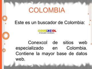 Este es un buscador de Colombia:
Conexcol de sitios web
especializado en Colombia.
Contiene la mayor base de datos
web.
COLOMBIA
 