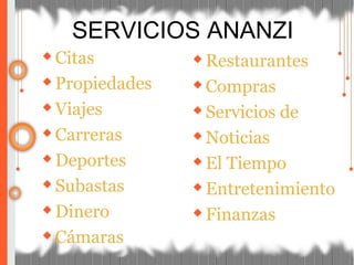 ◆Citas
◆Propiedades
◆Viajes
◆Carreras
◆Deportes
◆Subastas
◆Dinero
◆Cámaras
◆Restaurantes
◆Compras
◆Servicios de
◆Noticias
◆El Tiempo
◆Entretenimiento
◆Finanzas
SERVICIOS ANANZI
 