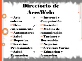 ☞Arte y
cultura
☞Ocio y
entrenimiento
☞Automotores
☞Salud
☞Deportes
☞Servicios
Profesionales
☞Salud y
Formación
☞Internet y
Computación
☞Sociedad
☞Medios de
comunicación
☞Turismo y
Recreación
☞Negocios
☞Servicios Varios
☞Educación y
formación
Directorio de
AresWeb:
 