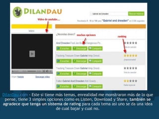 DilanDau .com  - Este si tiene más temas, enrealidad me monstraron más de lo que pense, tiene 3 simples opciones como es Listen, Download y Share,  también se agradece que tenga un sistema de rating  para cada tema asi uno se da una idea de cual bajar y cual no. 