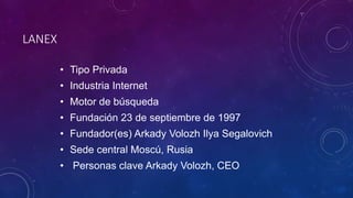 • Tipo Privada
• Industria Internet
• Motor de búsqueda
• Fundación 23 de septiembre de 1997
• Fundador(es) Arkady Volozh Ilya Segalovich
• Sede central Moscú, Rusia
• Personas clave Arkady Volozh, CEO
LANEX
 