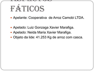 Aspectos
Fáticos
 Apelante: Cooperativa de Arroz Camobi LTDA.
 Apelado: Luiz Gonzaga Xavier Marafiga.
 Apelado: Neida Maria Xavier Marafiga.
 Objeto da lide: 41.253 Kg de arroz com casca.
 