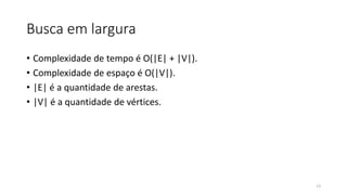 Busca em largura
• Complexidade de tempo é O(|E| + |V|).
• Complexidade de espaço é O(|V|).
• |E| é a quantidade de arestas.
• |V| é a quantidade de vértices.
13
 