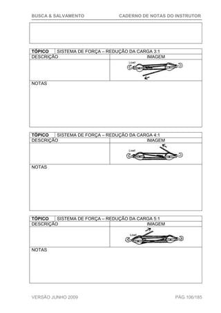 BUSCA & SALVAMENTO CADERNO DE NOTAS DO INSTRUTOR
VERSÃO JUNHO 2009 PÁG.106/185
TÓPICO SISTEMA DE FORÇA – REDUÇÃO DA CARGA 3:1
DESCRIÇÃO IMAGEM
NOTAS
TÓPICO SISTEMA DE FORÇA – REDUÇÃO DA CARGA 4:1
DESCRIÇÃO IMAGEM
NOTAS
TÓPICO SISTEMA DE FORÇA – REDUÇÃO DA CARGA 5:1
DESCRIÇÃO IMAGEM
NOTAS
 